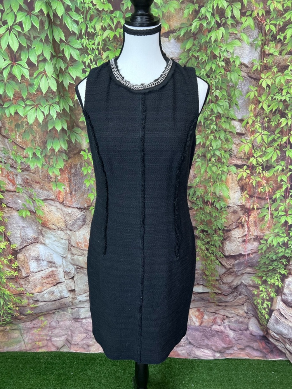 REBECCA TAYLOR Black Fringed Chain Mail Neckline Quiet Luxury Sheath Dress, 8 - Picture 2 of 11